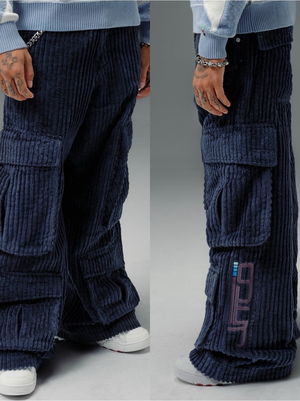 NWT JNCO LNavy Navy Corduroy Wide-Leg Cargo Pants W30 L32